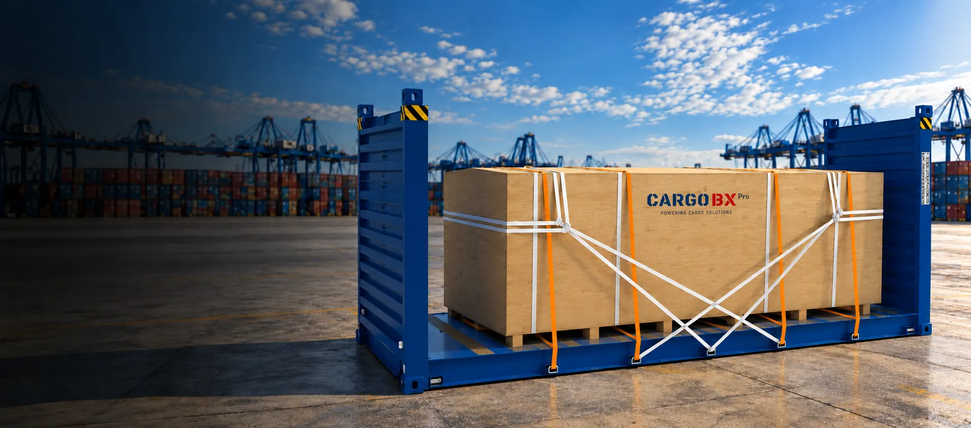 Carga proyecto asegurada con Cordstrap sobre plataforma flat rack en una terminal portuaria
